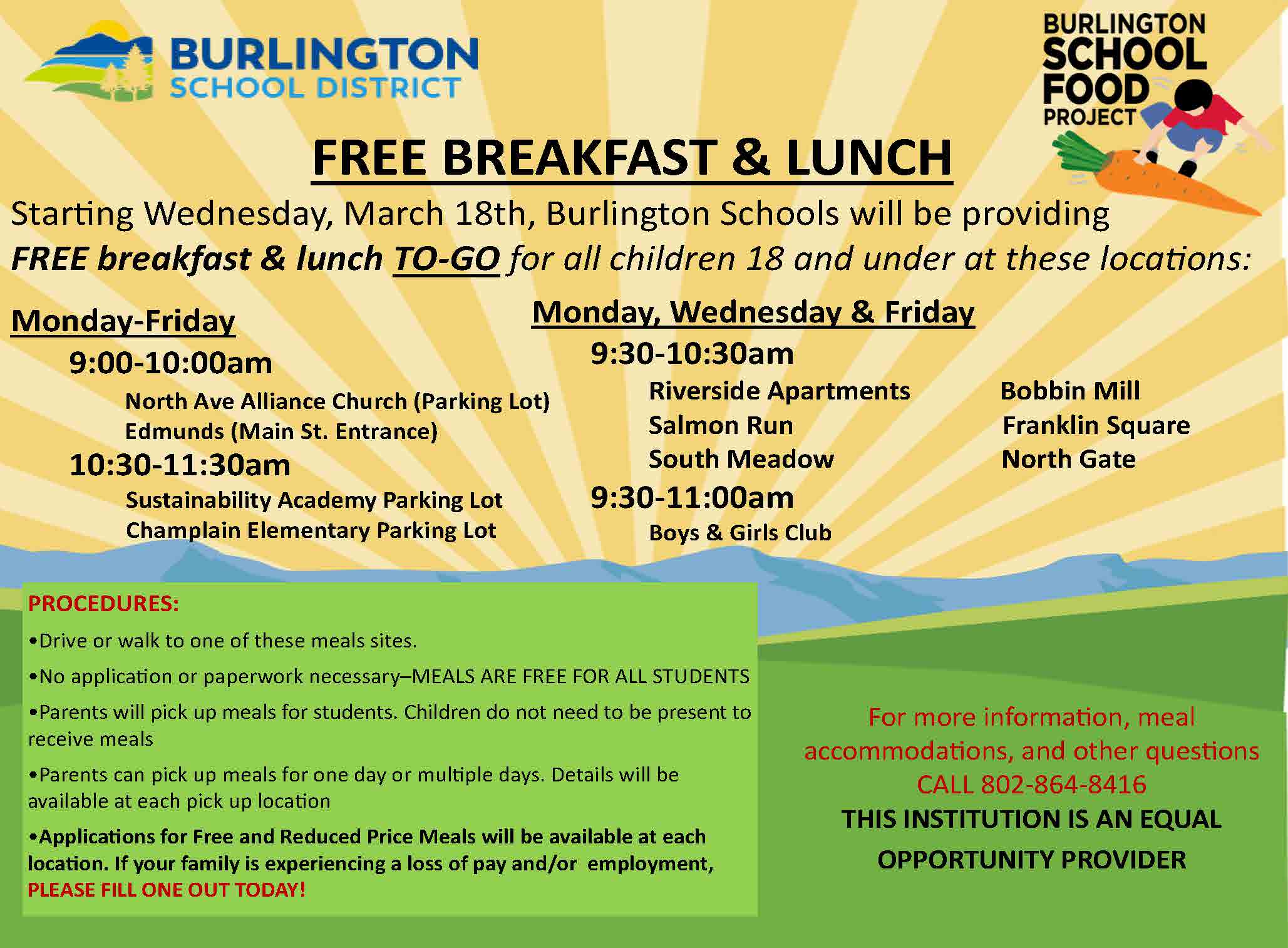 A graphic showing meal distribution sites - info also available at https://www.bsdvt.org/covid-19-coronavirus-prep-in-bsd/